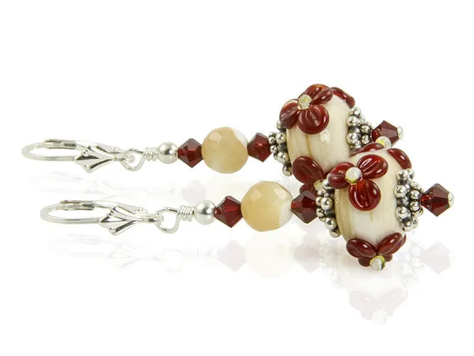 Crimson Ivory Floral Lampwork Earrings