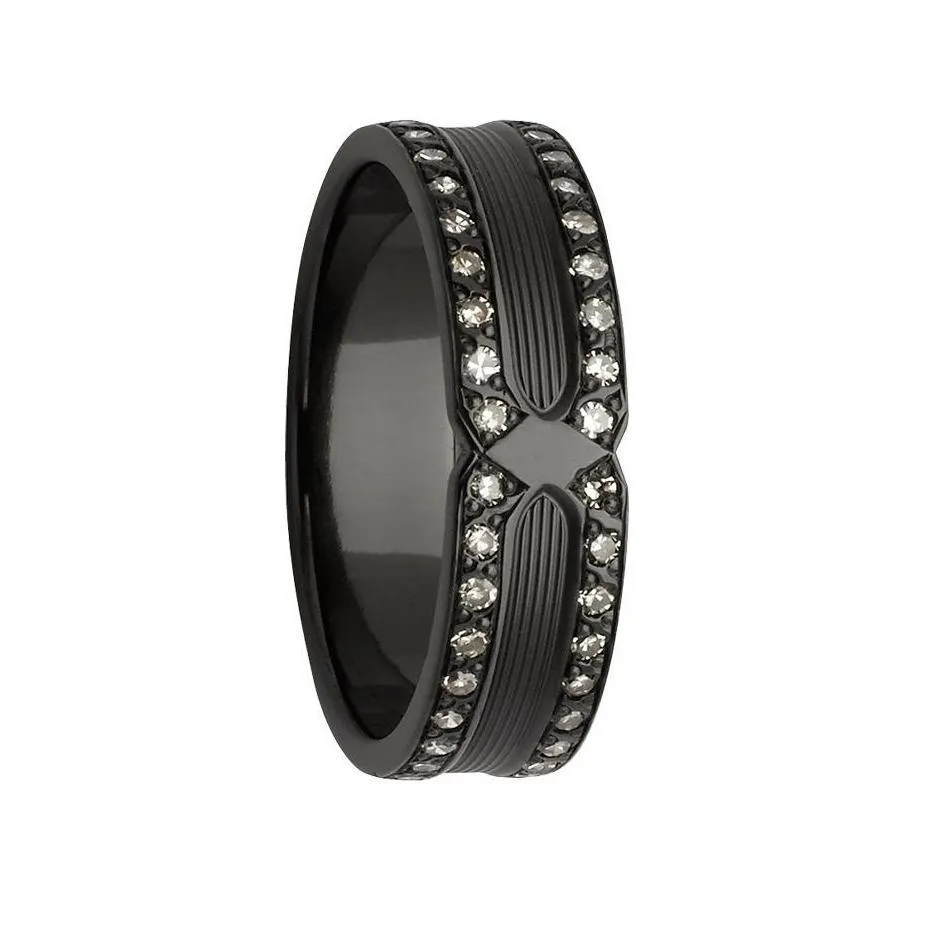 Custom Black Zirconium and Dual Row Diamond Women's Wedding Ring