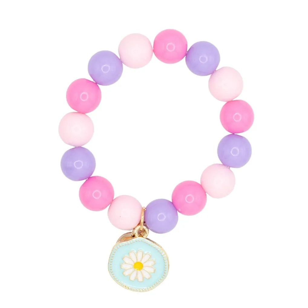 Daisy Medallion Enamel Charm on Beaded Colorful Stretch Bracelet