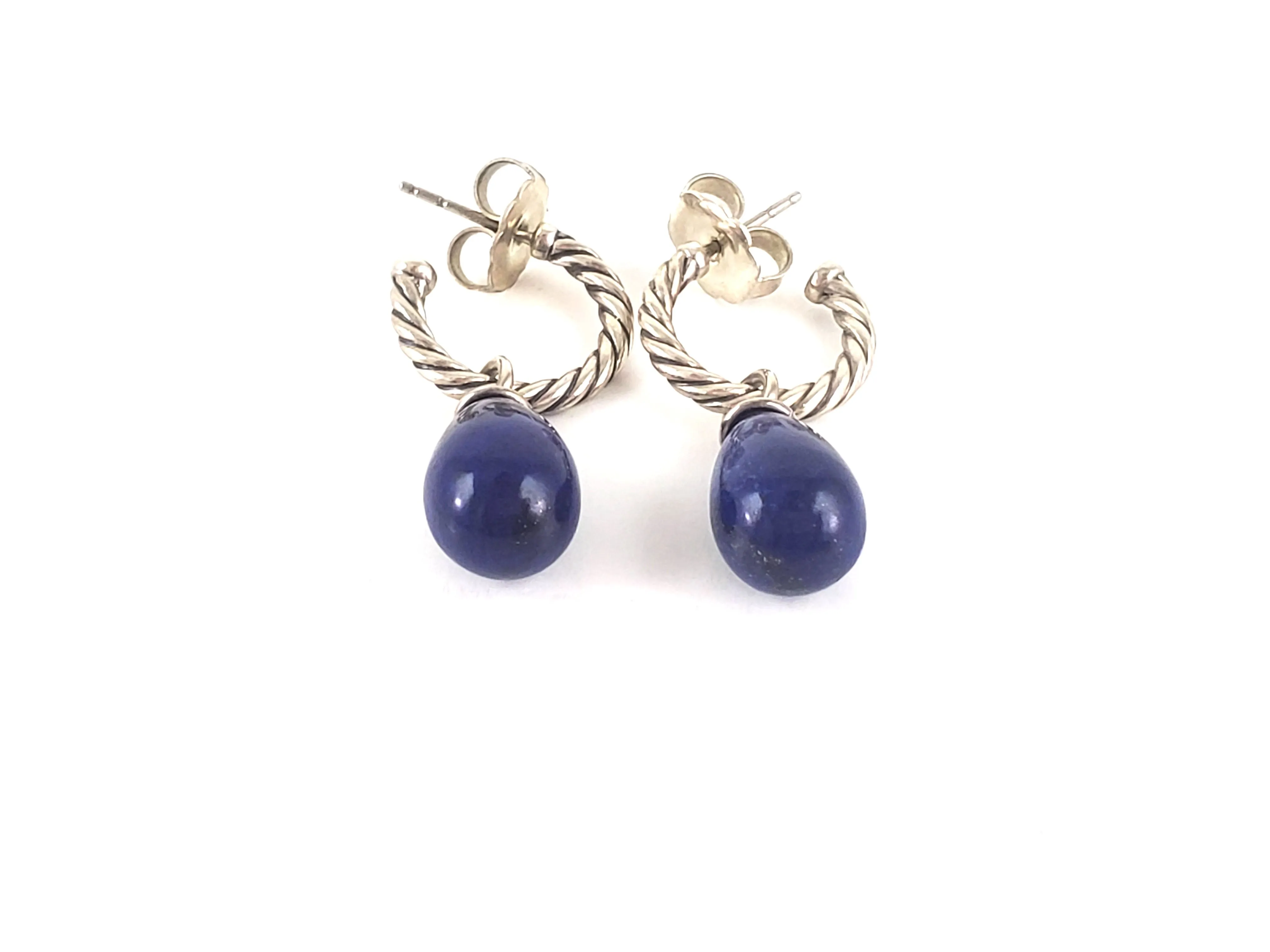 David Yurman Sterling Silver Color Classics Bead Drop Hoop Lapis Lazuli Earrings