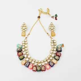 Decorative Multicolour Stones Embellished Necklace With Earrings