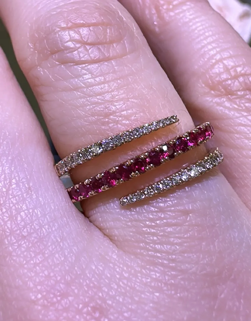 Diamond and 0.63ctw Ruby 3 Row Wrap Ring