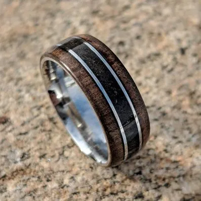 Dinosaur Bone and Arizona Ironwood Ring, Custom Made Authentic Wedding Bands, 8mm Dinosaur Bone