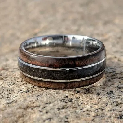 Dinosaur Bone and Arizona Ironwood Ring, Custom Made Authentic Wedding Bands, 8mm Dinosaur Bone