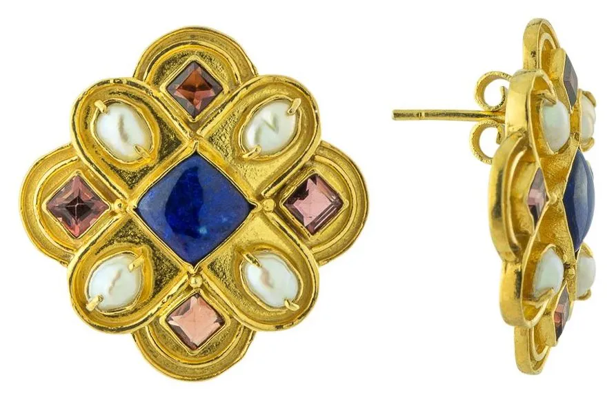 Duchess Of Burgundy Lapis, Pearl and Garnet Earrings