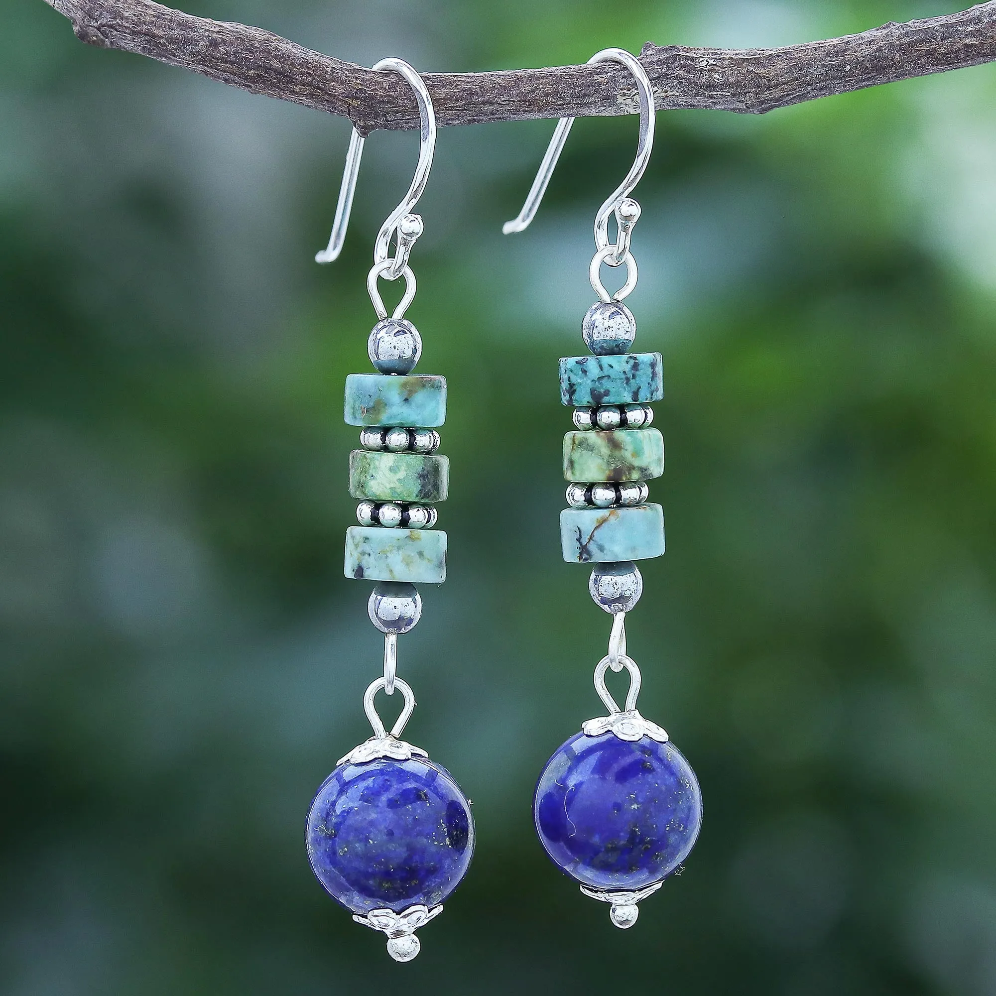 Earth Orbit Handmade Lapis Lazuli and Hematite Dangle Earrings