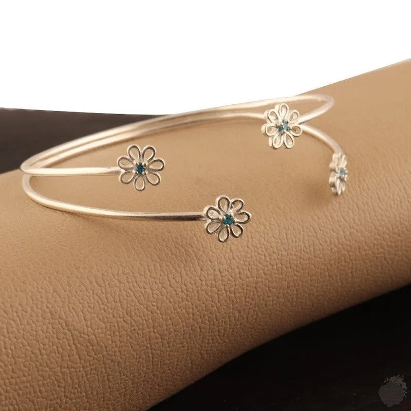 Emerald or a Blue Topaz Four Daisies Bangle - Sterling Silver