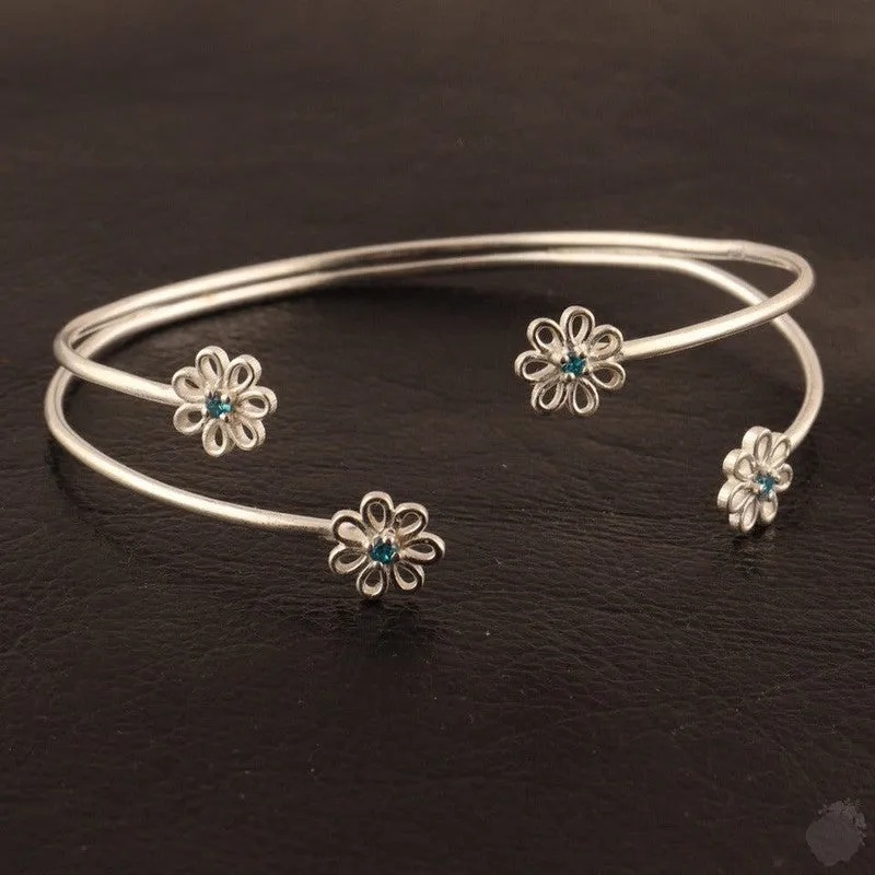 Emerald or a Blue Topaz Four Daisies Bangle - Sterling Silver