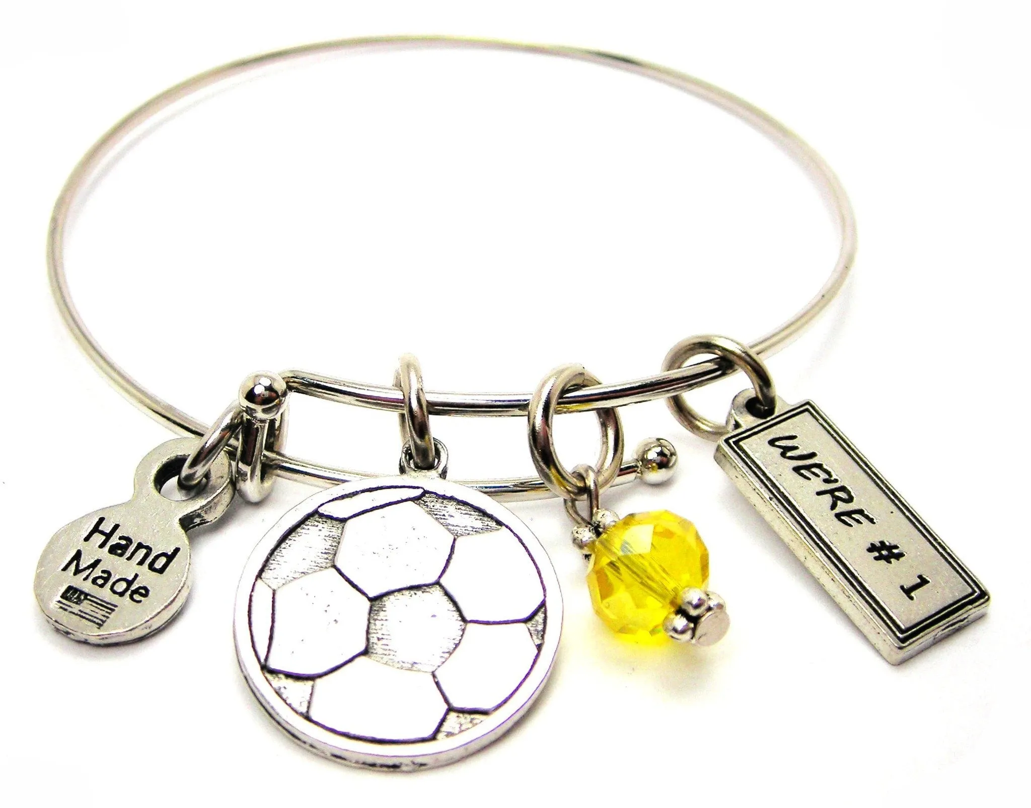 Engraved Soccer Ball With We're #1 Tab Expandable Bangle Bracelet