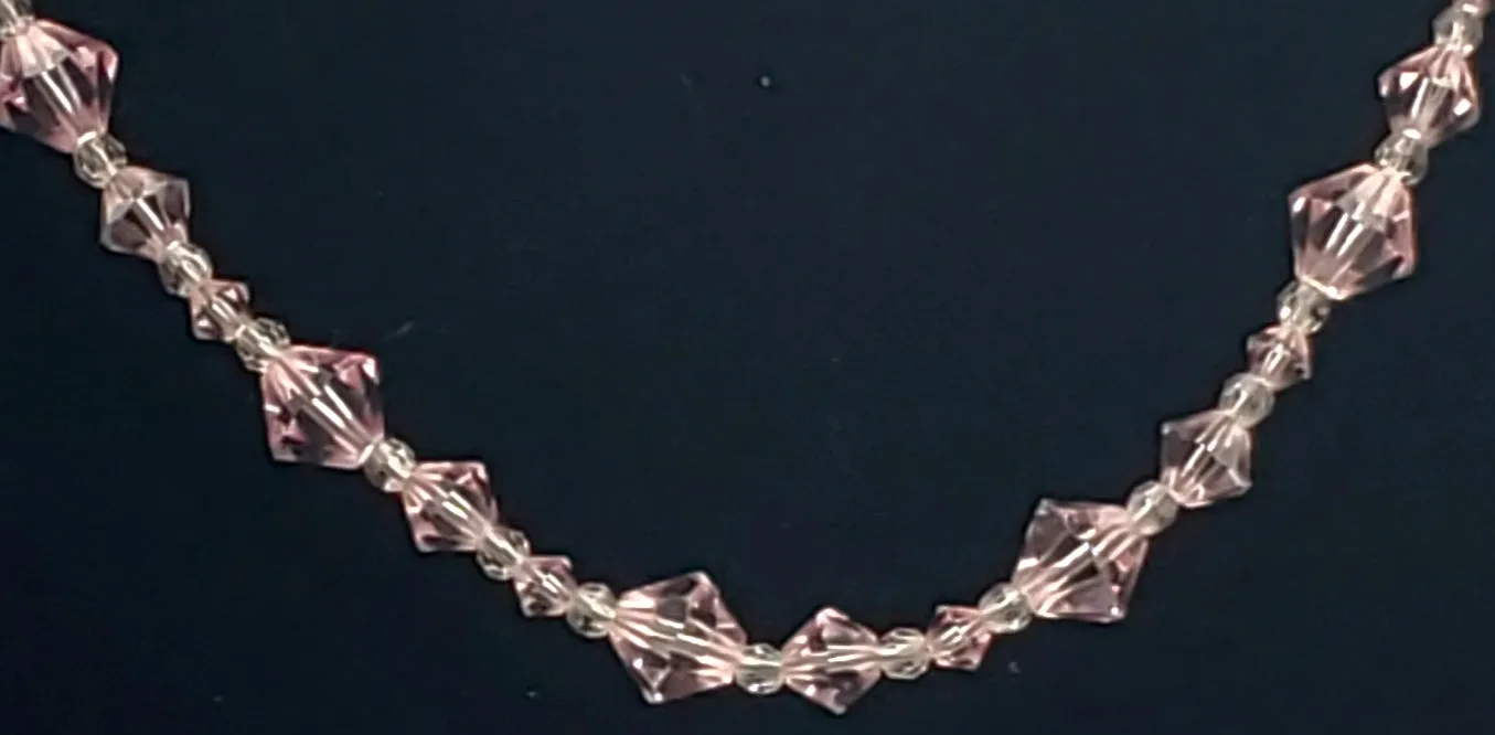 Faceted Cut Crystal Pink Glass Beaded Necklace with 10kt Gold Clasp - 16.5"