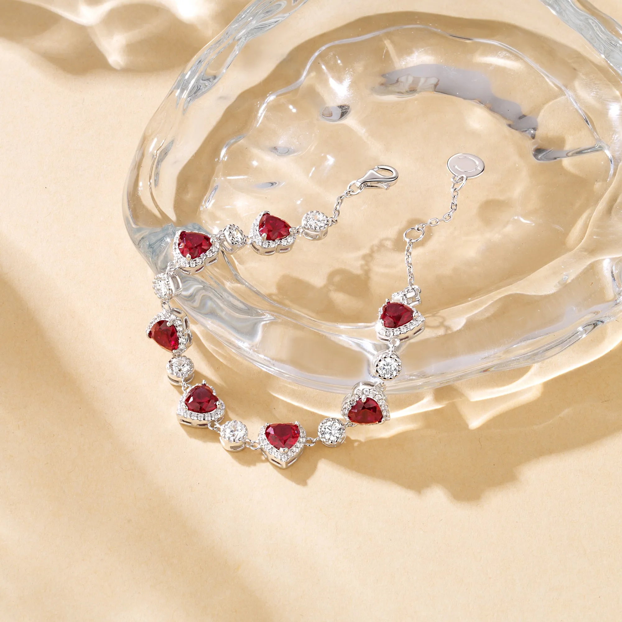 FANCIME "Ms Charming" Halo Heart Ruby Sterling Silver Tennis Bracelet