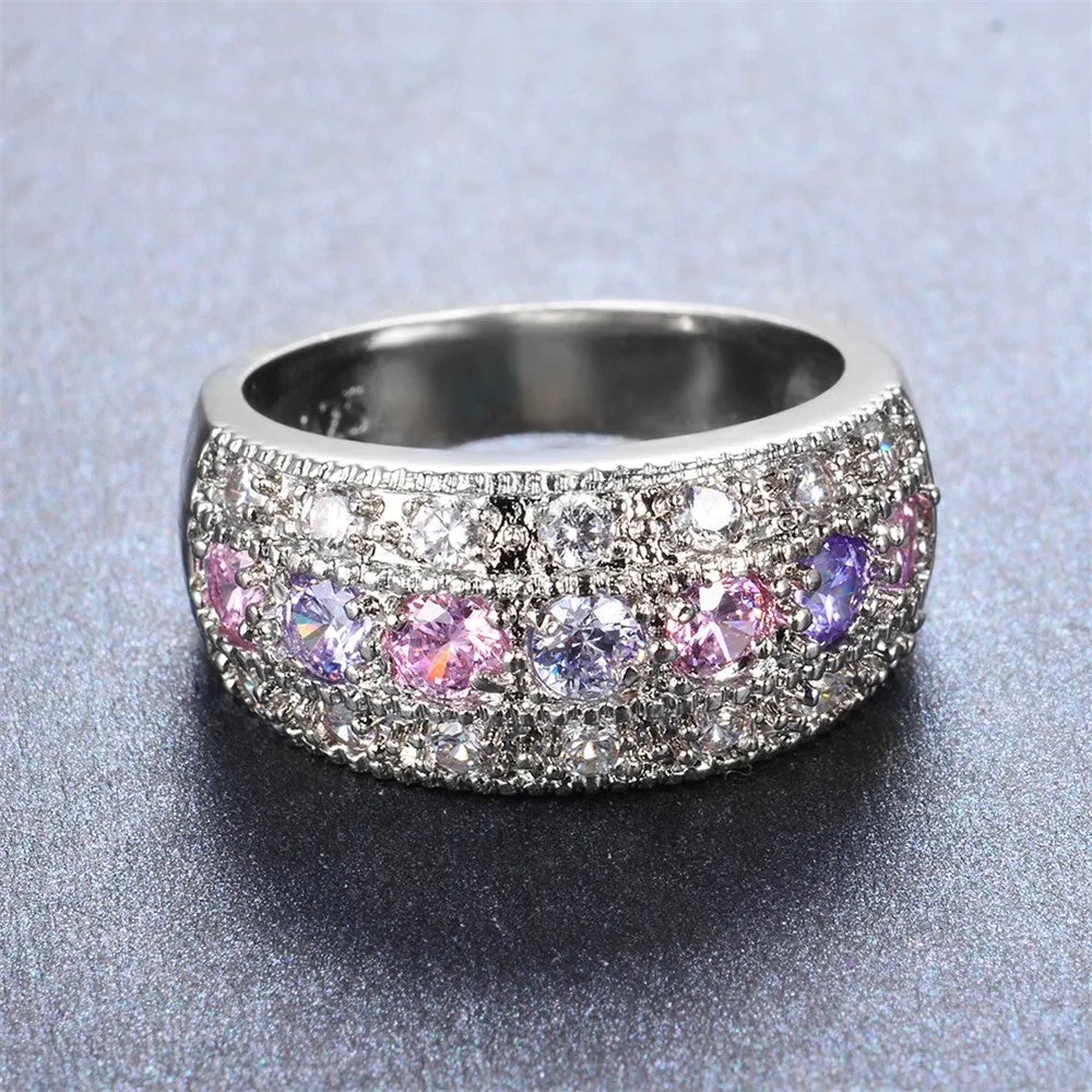 Female Pink & Purple Round Ring 925 Sterling Silver Filled Vintage Wedding Engagement Rings For Women