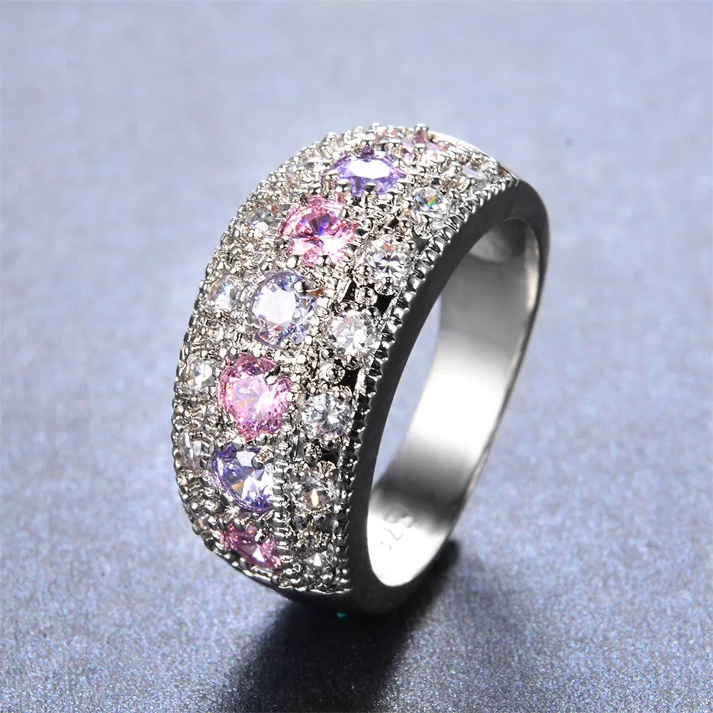 Female Pink & Purple Round Ring 925 Sterling Silver Filled Vintage Wedding Engagement Rings For Women