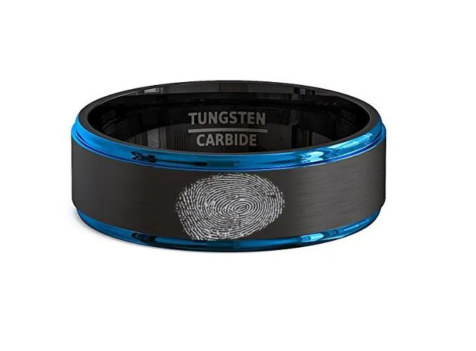 Finger Print Engraved Two-Tone Black Brushed Tungsten Ring With Blue Step Edges