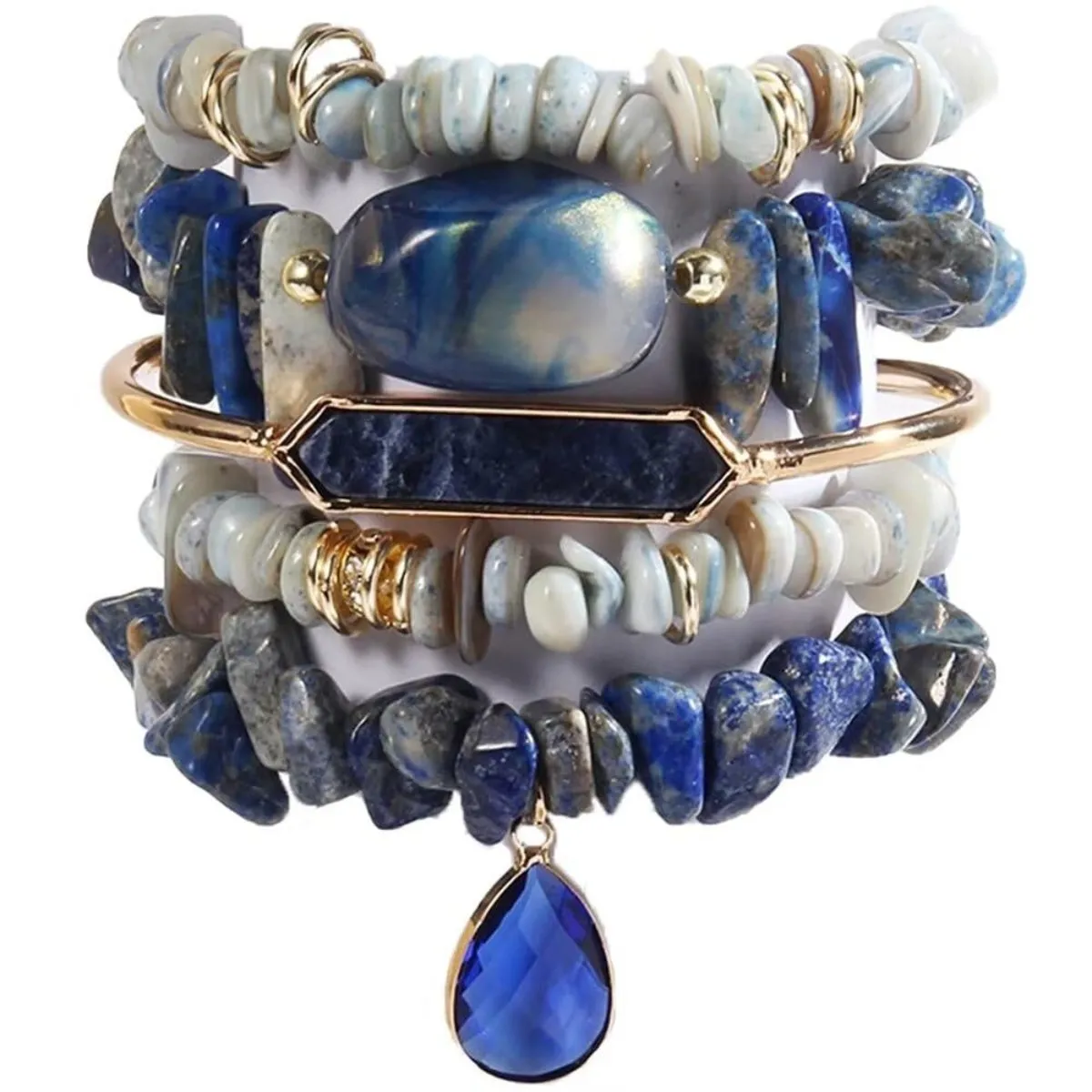 Five Piece Natural Blue Agate Stone Beaded Bracelet