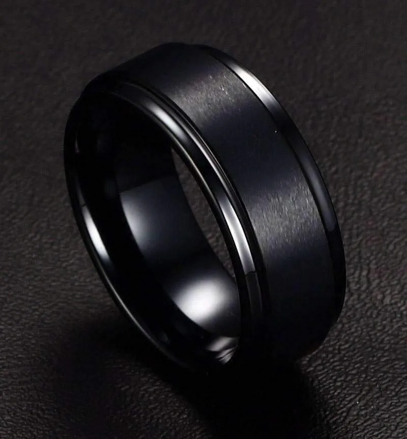 Flat Pipe Cut Black Tungsten Ring with Brushed Finish