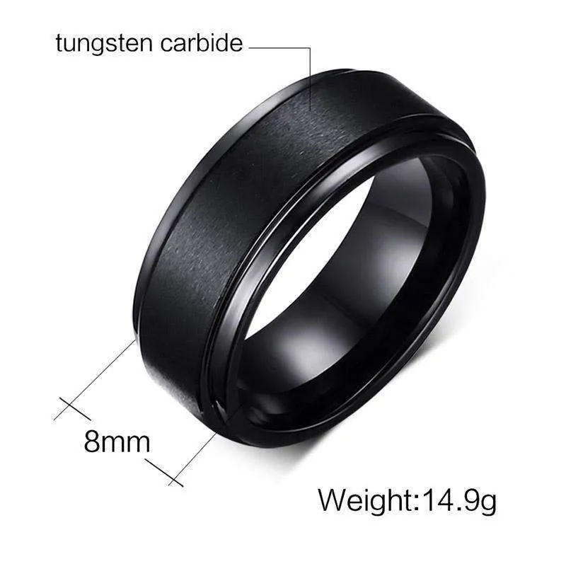 Flat Pipe Cut Black Tungsten Ring with Brushed Finish