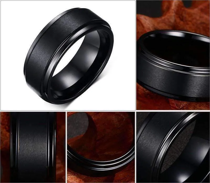 Flat Pipe Cut Black Tungsten Ring with Brushed Finish