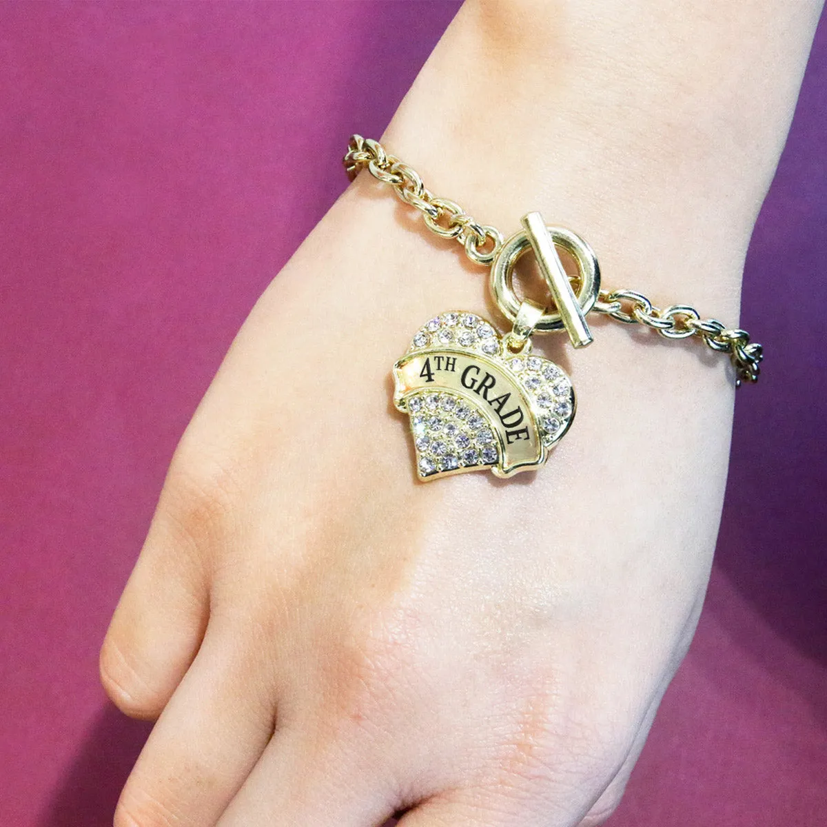 Gold 4th Grade Pave Heart Charm Toggle Bracelet