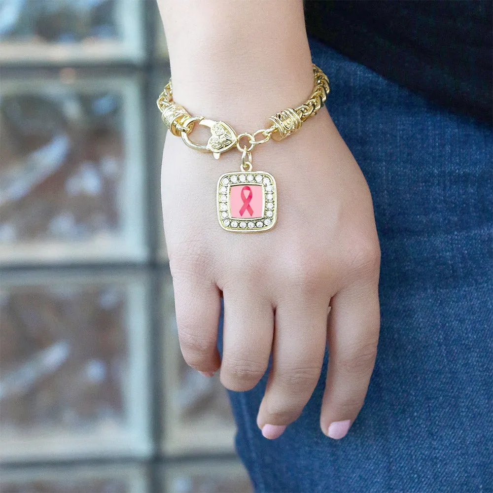 Gold Breast Cancer Square Charm Braided Bracelet