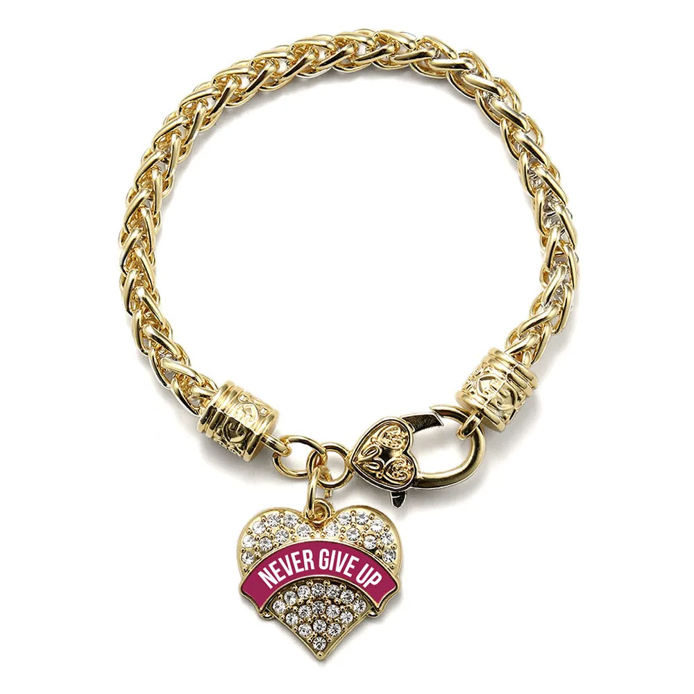 Gold Burgundy Banner Never Give Up Pave Heart Charm Braided Bracelet