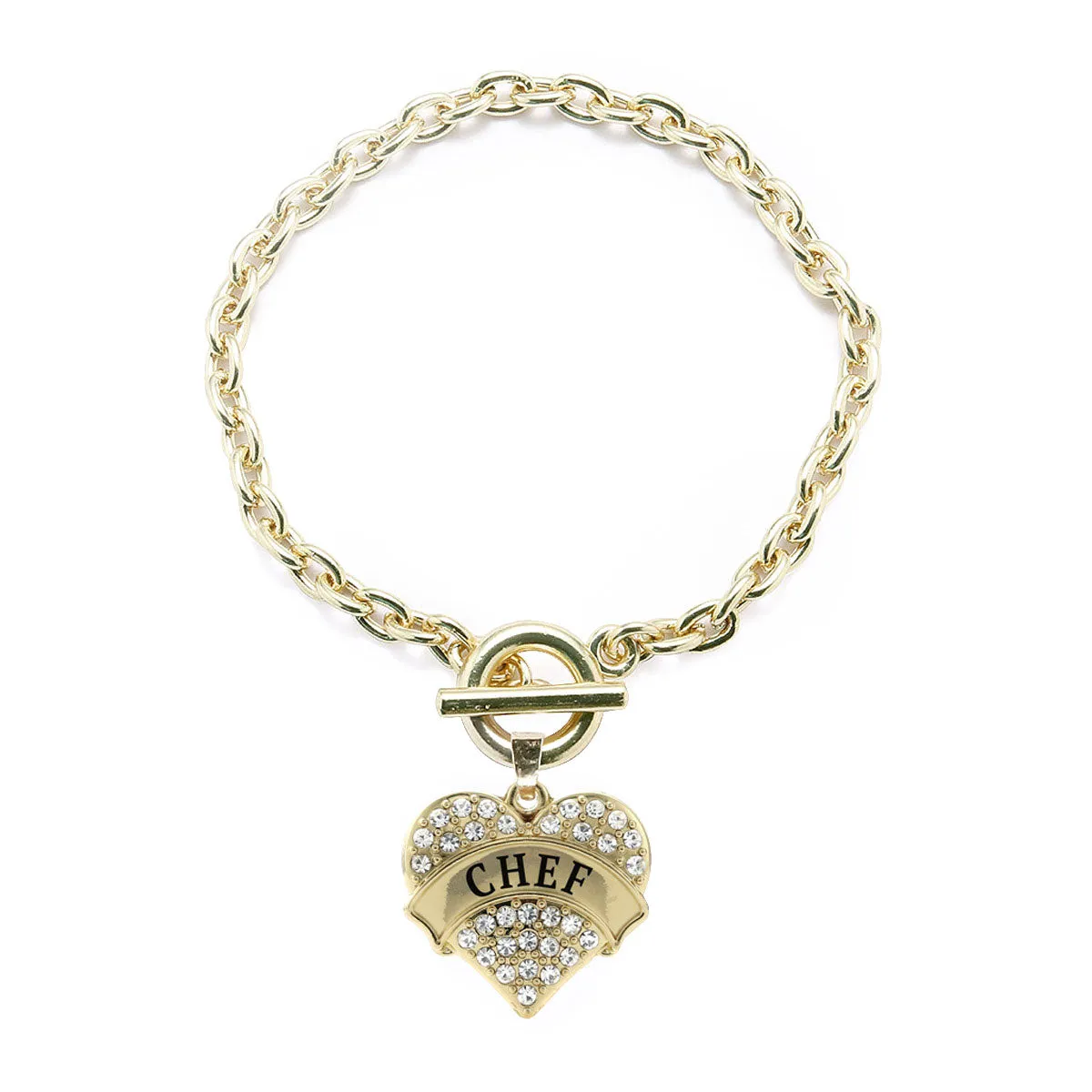 Gold Chef Pave Heart Charm Toggle Bracelet