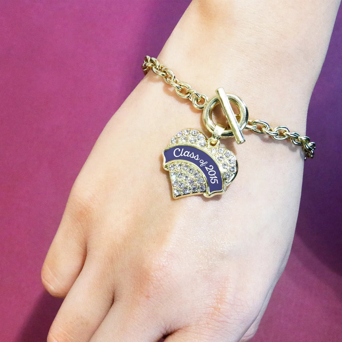 Gold Class of 2015 - Navy Pave Heart Charm Toggle Bracelet