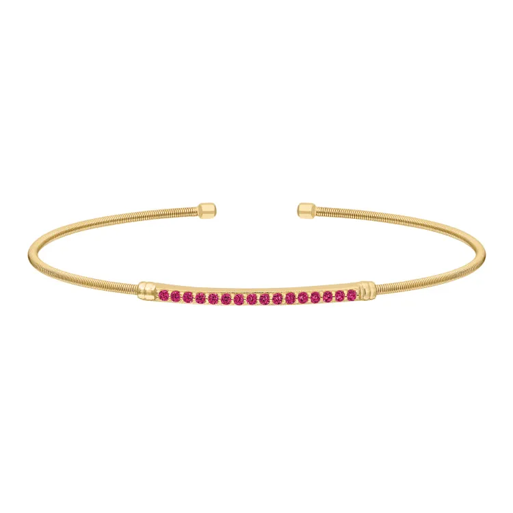 Gold Finish Sterling Silver Cable Cuff Bracelet with Simulated Ruby Birth Gems - July