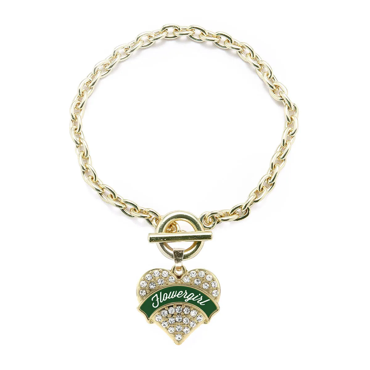 Gold Forest Green Flower Girl Pave Heart Charm Toggle Bracelet