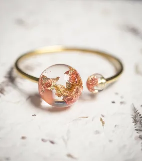 Gold Globe Resin Statement Cuff Sun Moon Bracelet Rose Yellow Gold Flakes Spere Orb Bangle OOAK modern jewelry eco friendly