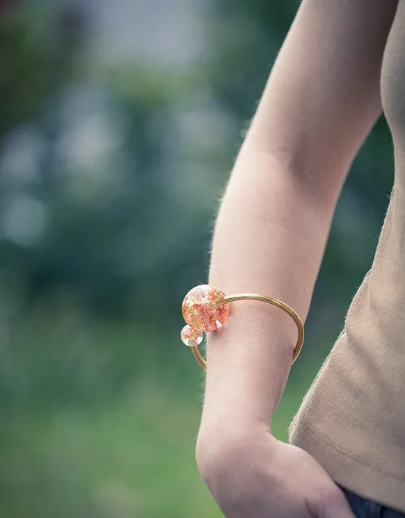 Gold Globe Resin Statement Cuff Sun Moon Bracelet Rose Yellow Gold Flakes Spere Orb Bangle OOAK modern jewelry eco friendly