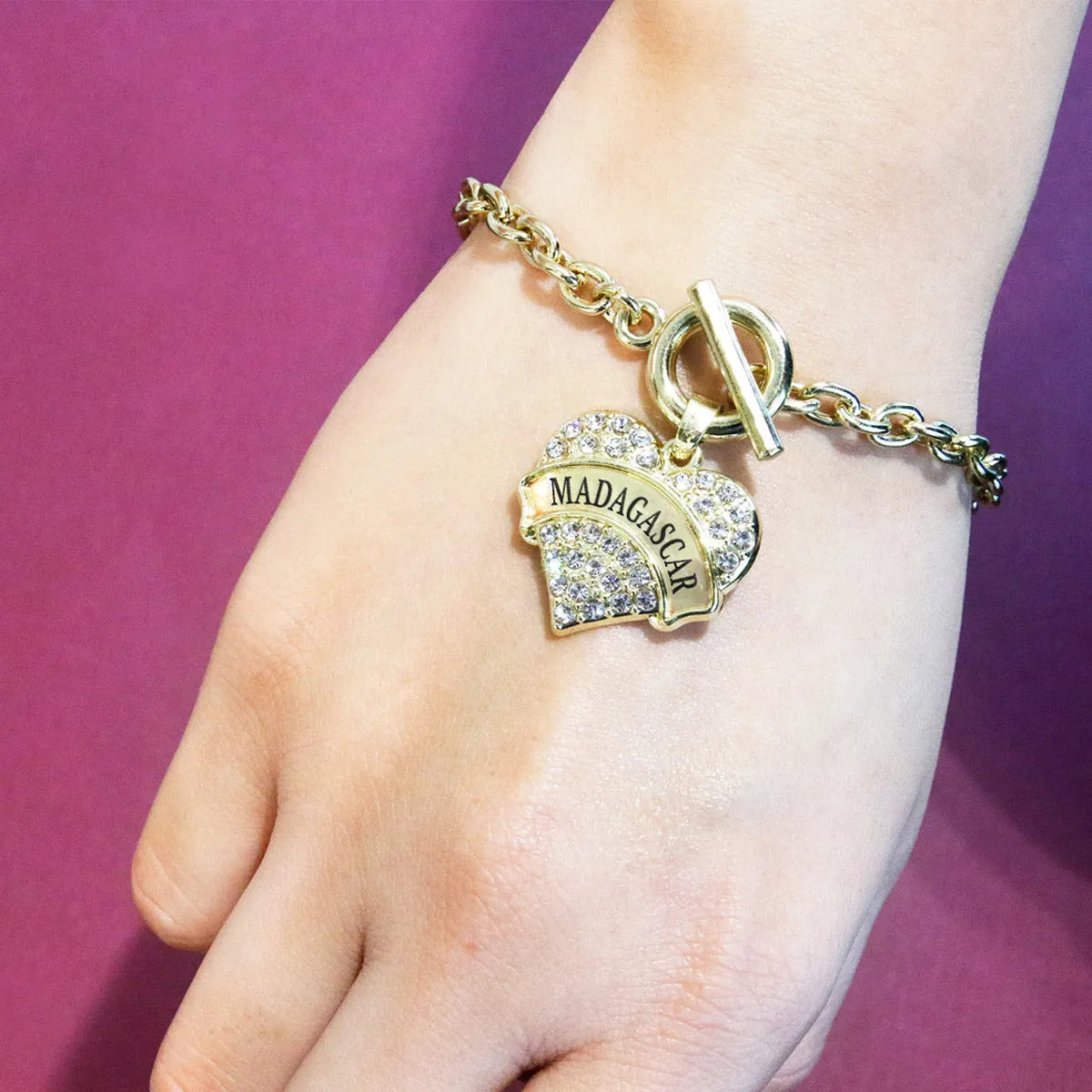 Gold Madagascar Pave Heart Charm Toggle Bracelet