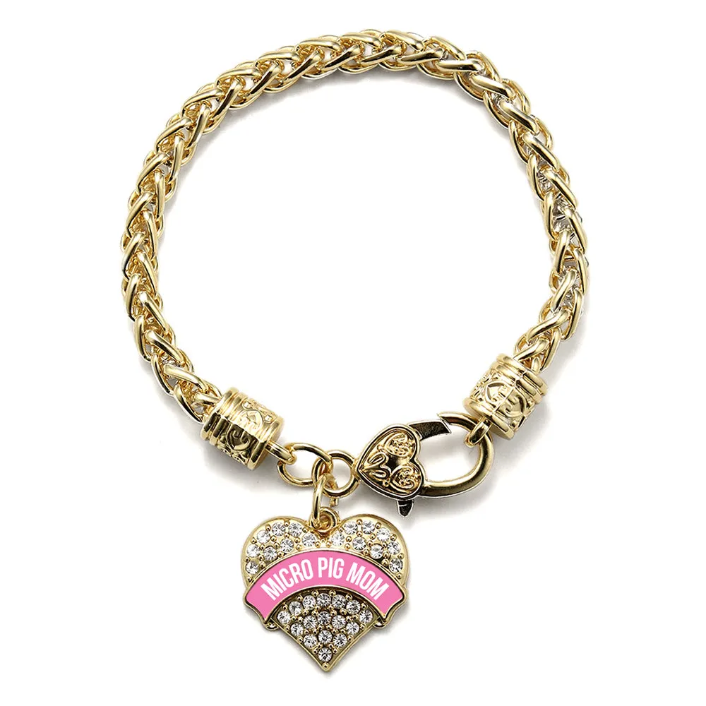 Gold Micro Pig Mom - Pink Pave Heart Charm Braided Bracelet