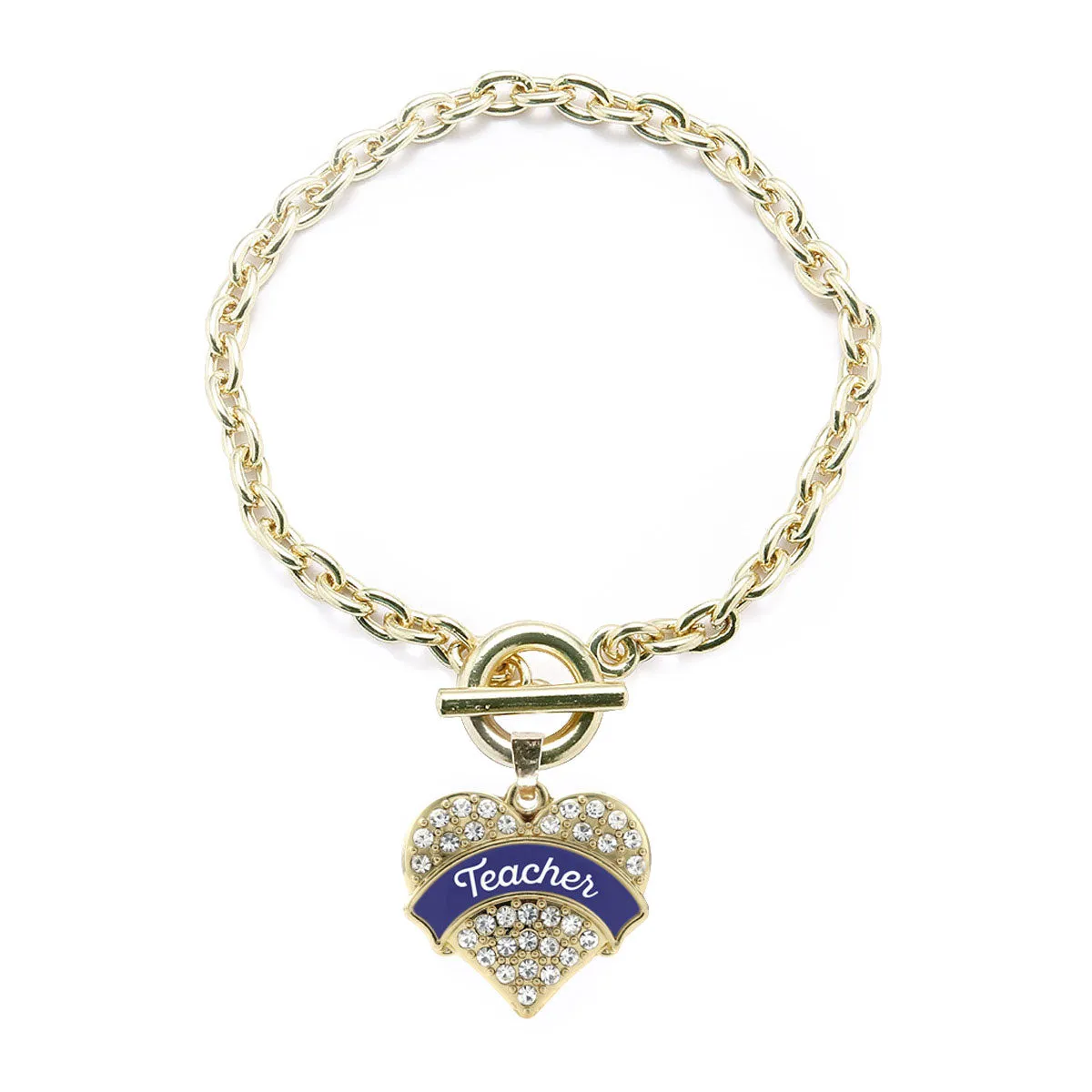 Gold Navy Blue Teacher Pave Heart Charm Toggle Bracelet