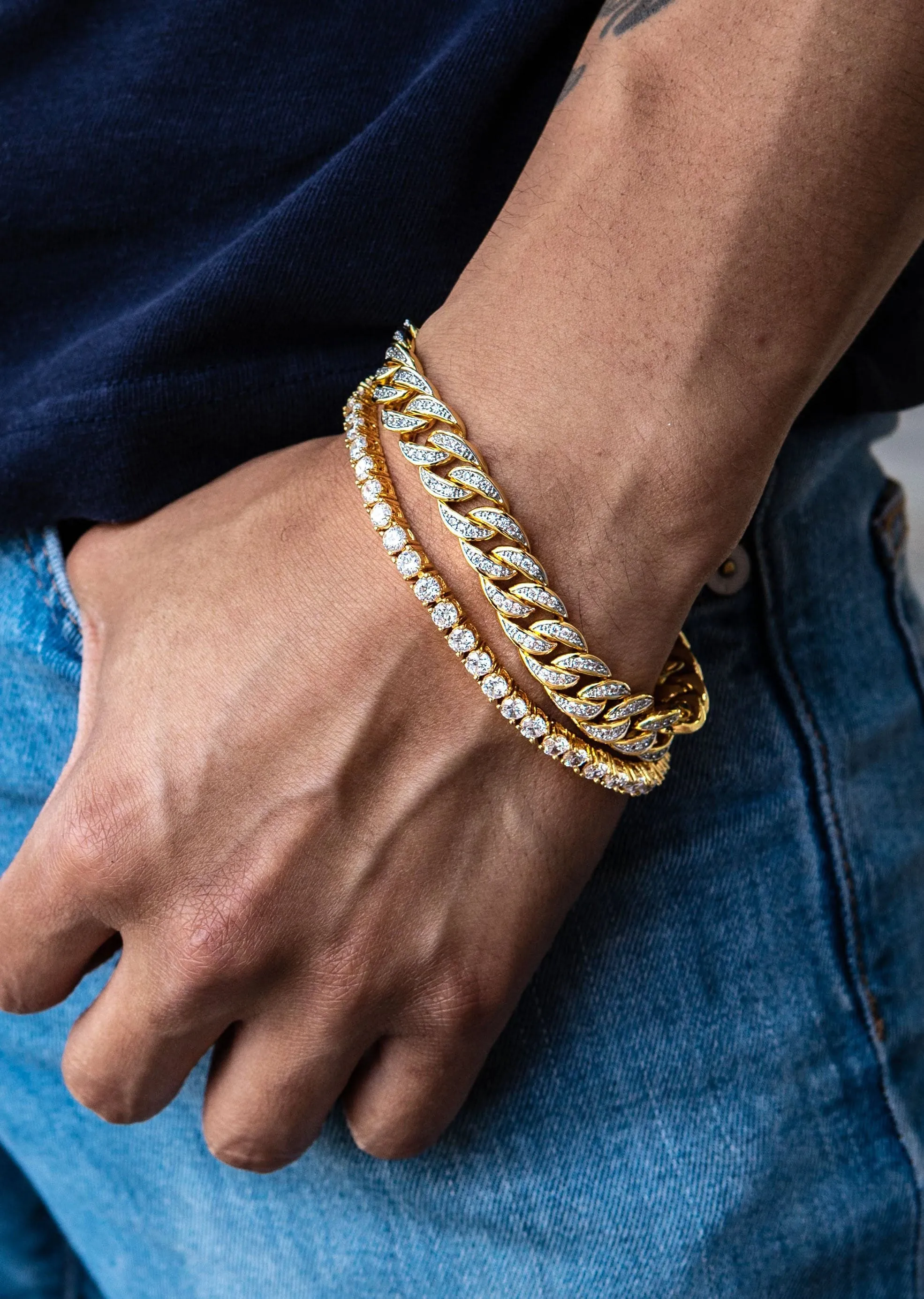 Gold Plated Miami Cuban Link Bracelet (10 MM ) & Tennis Bracelet