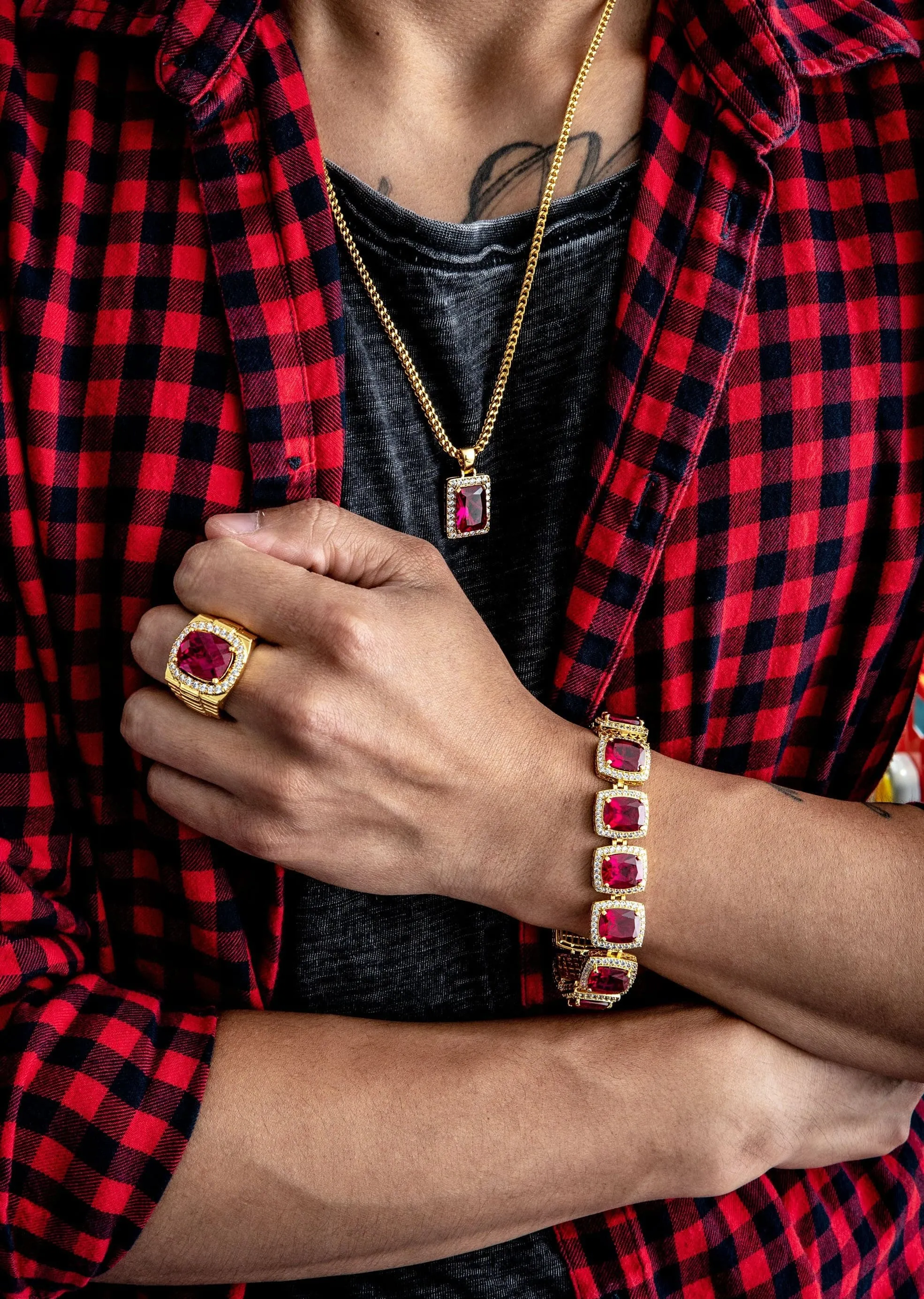 Gold Plated Ruby Chain & Bracelet & Ring