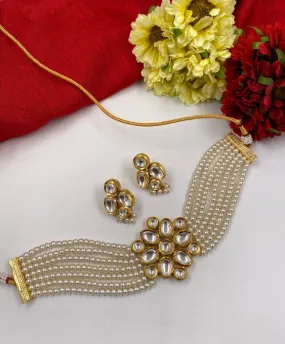 Gold Toned Kundan Pearls Beaded Choker Necklace Set For Ladies