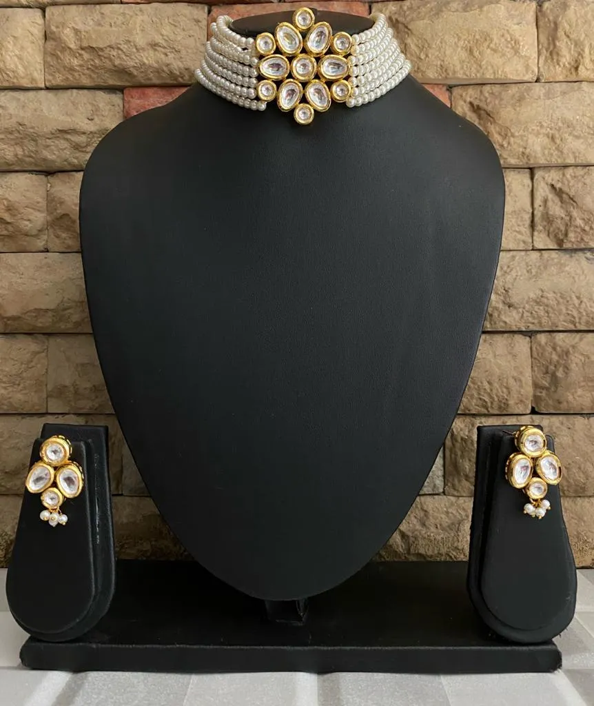 Gold Toned Kundan Pearls Beaded Choker Necklace Set For Ladies