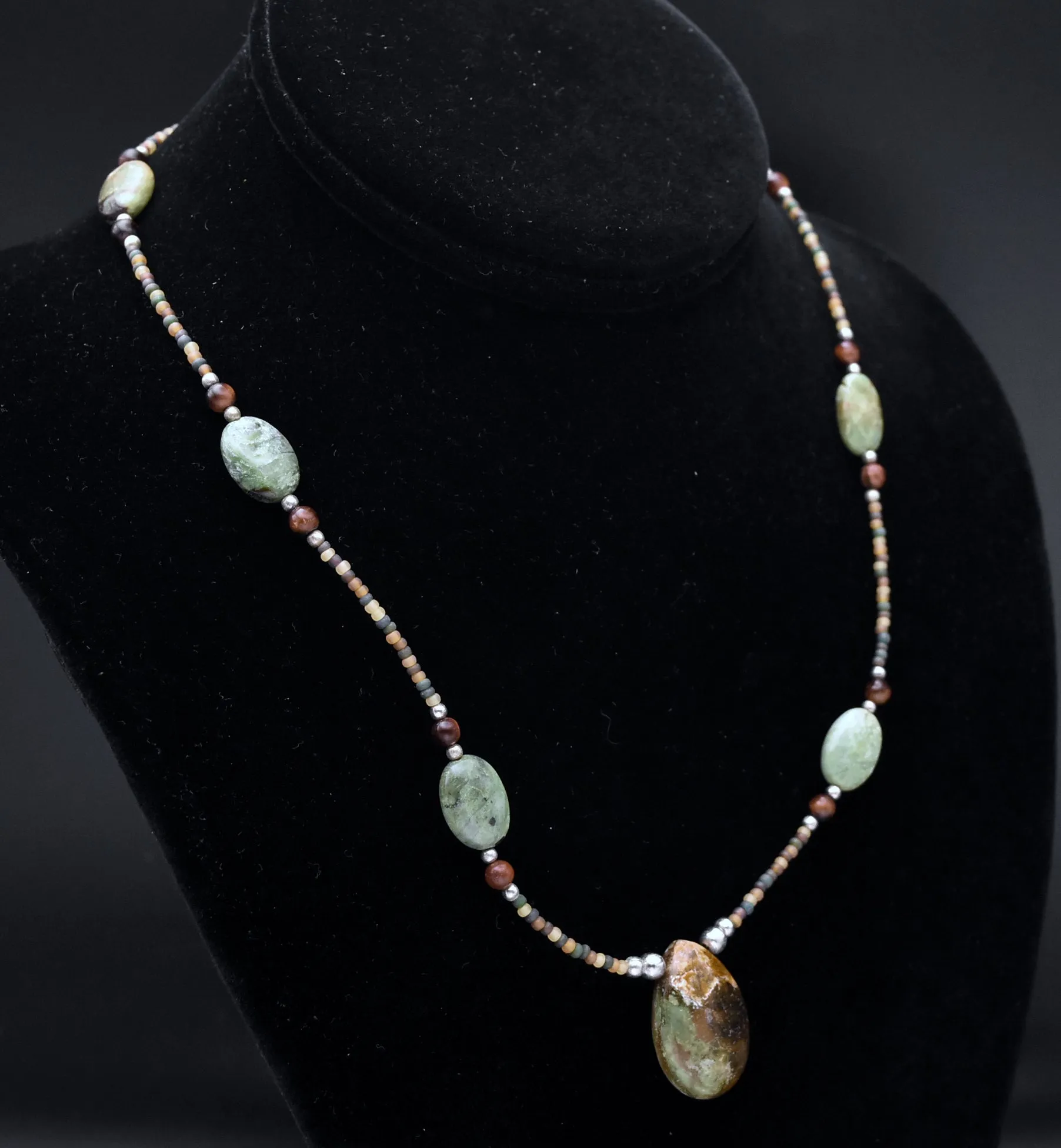 Green Jasper and Tiger's Eye Beaded Necklace - 18"