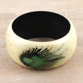 Handcrafted Haldu Wood Peacock Feather Motif Bangle Bracelet - Feather Glory | NOVICA