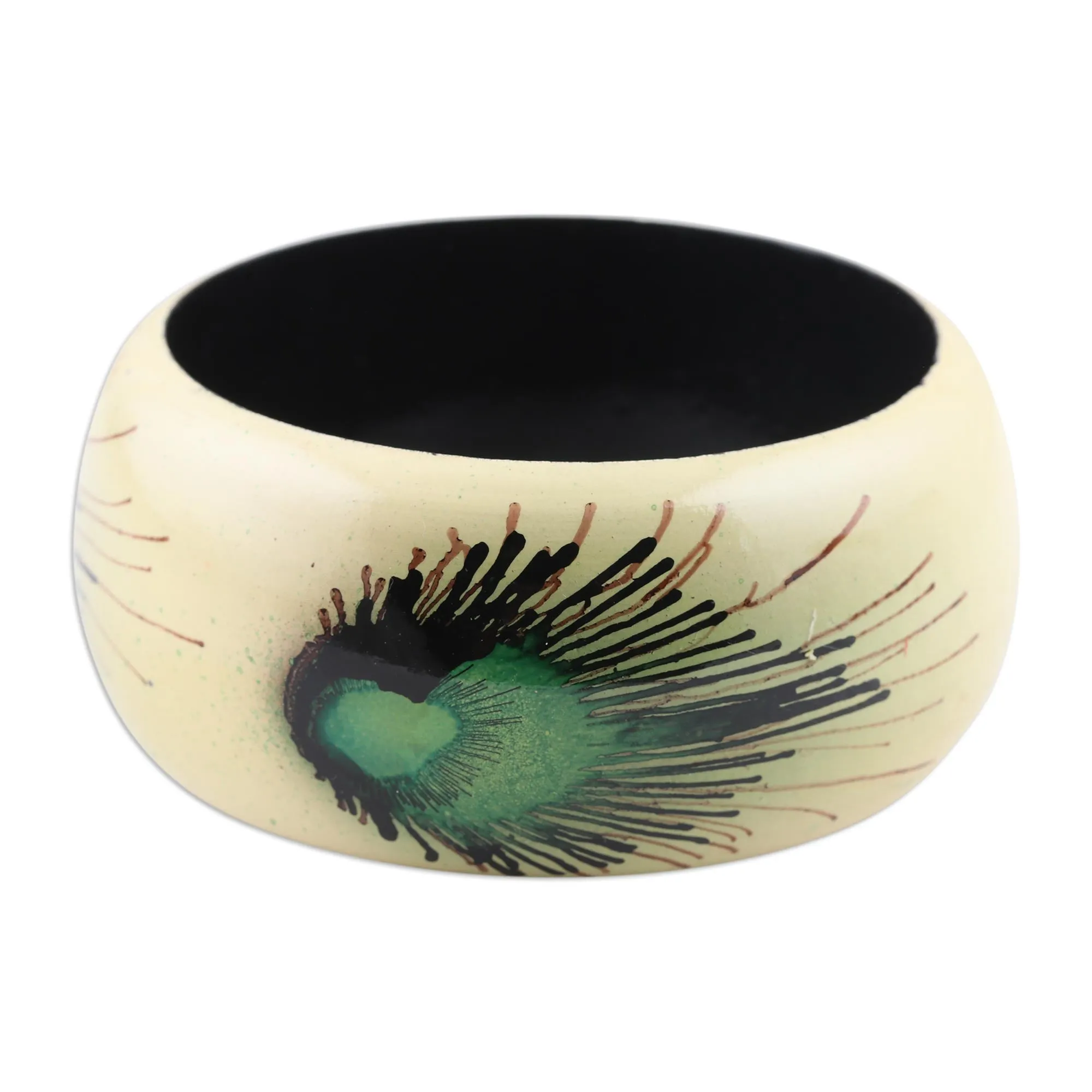 Handcrafted Haldu Wood Peacock Feather Motif Bangle Bracelet - Feather Glory | NOVICA