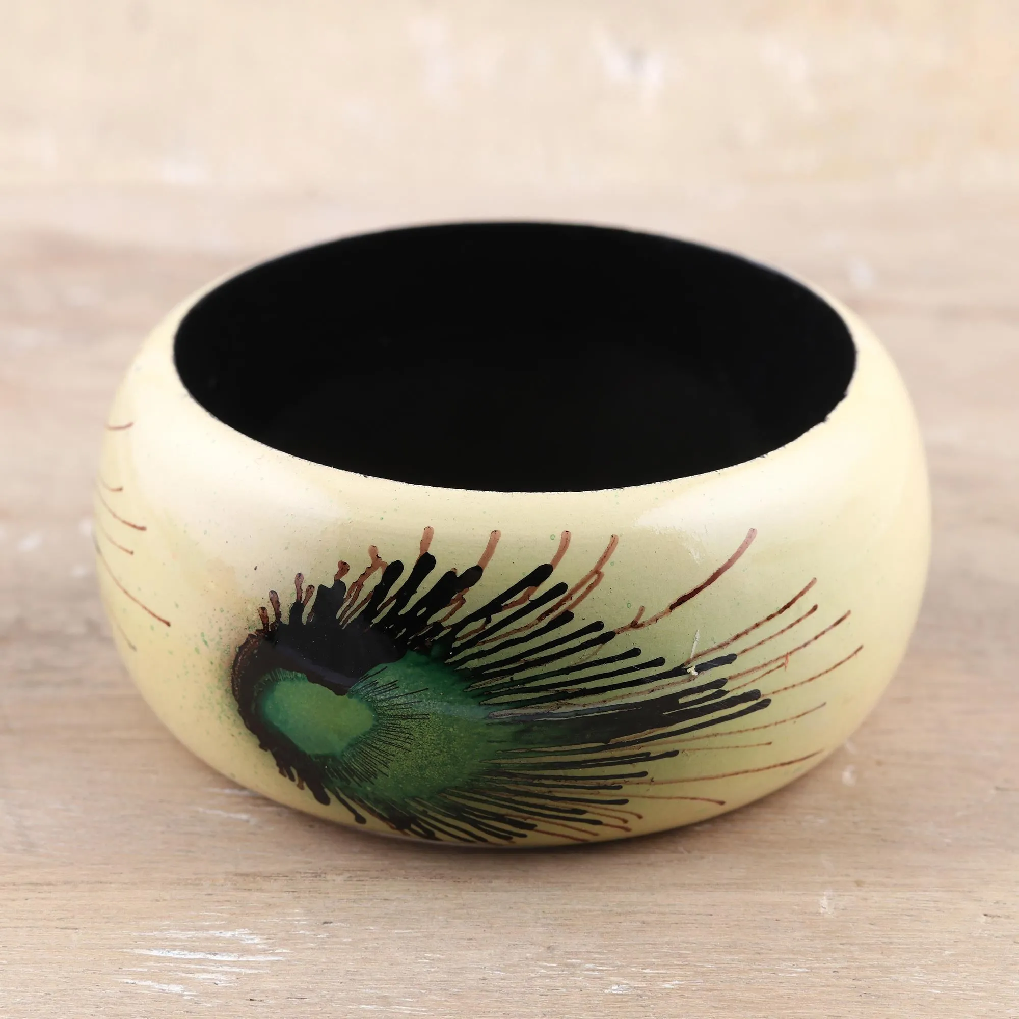 Handcrafted Haldu Wood Peacock Feather Motif Bangle Bracelet - Feather Glory | NOVICA