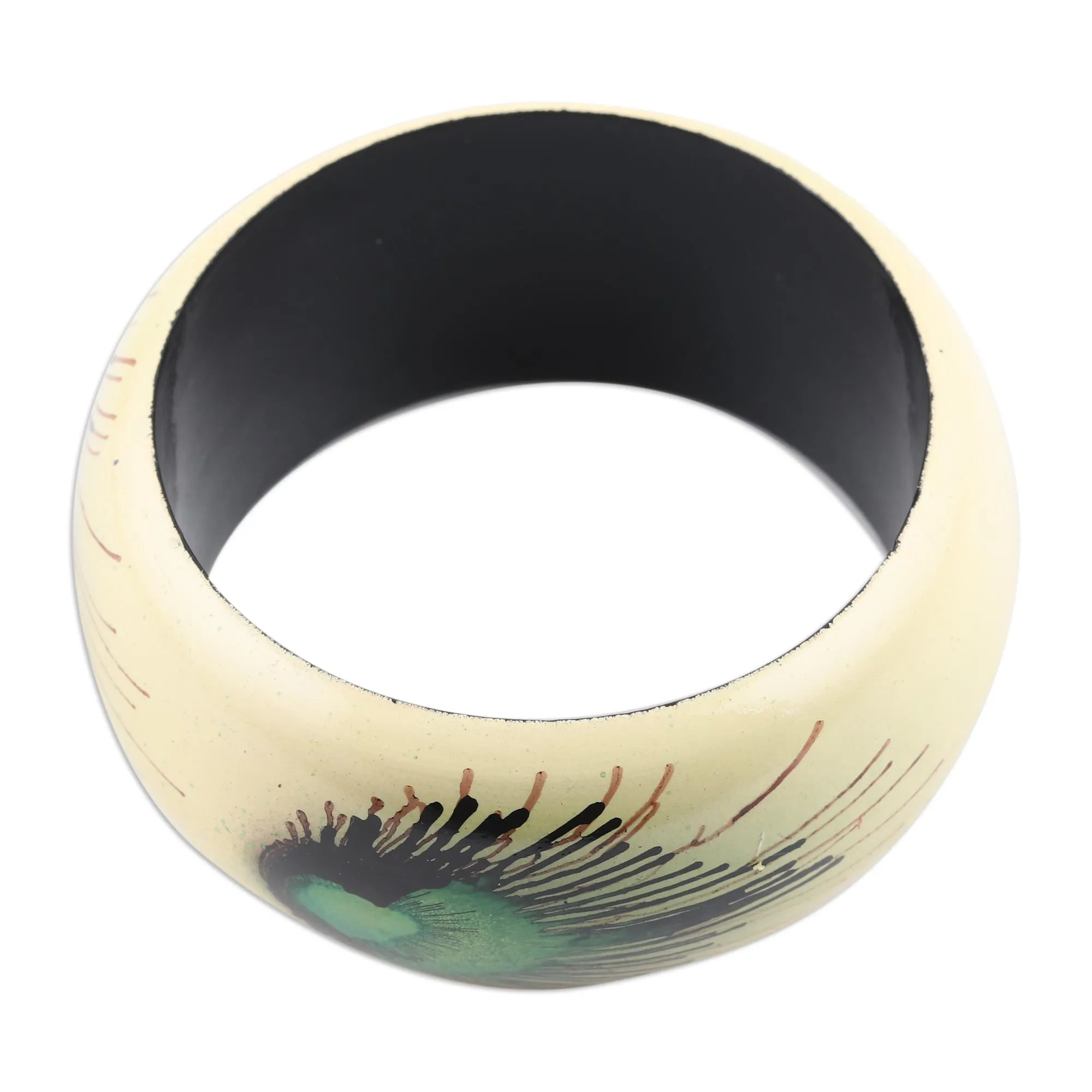 Handcrafted Haldu Wood Peacock Feather Motif Bangle Bracelet - Feather Glory | NOVICA