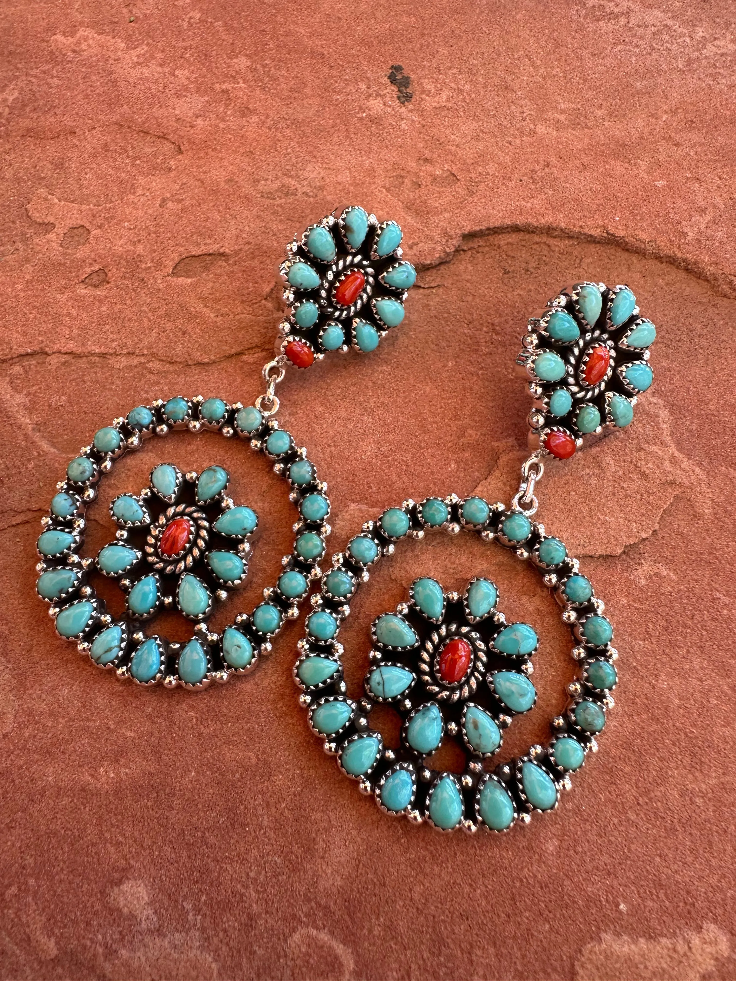 Handmade Turquoise & Coral Dangle Earrings Signed Nizhoni