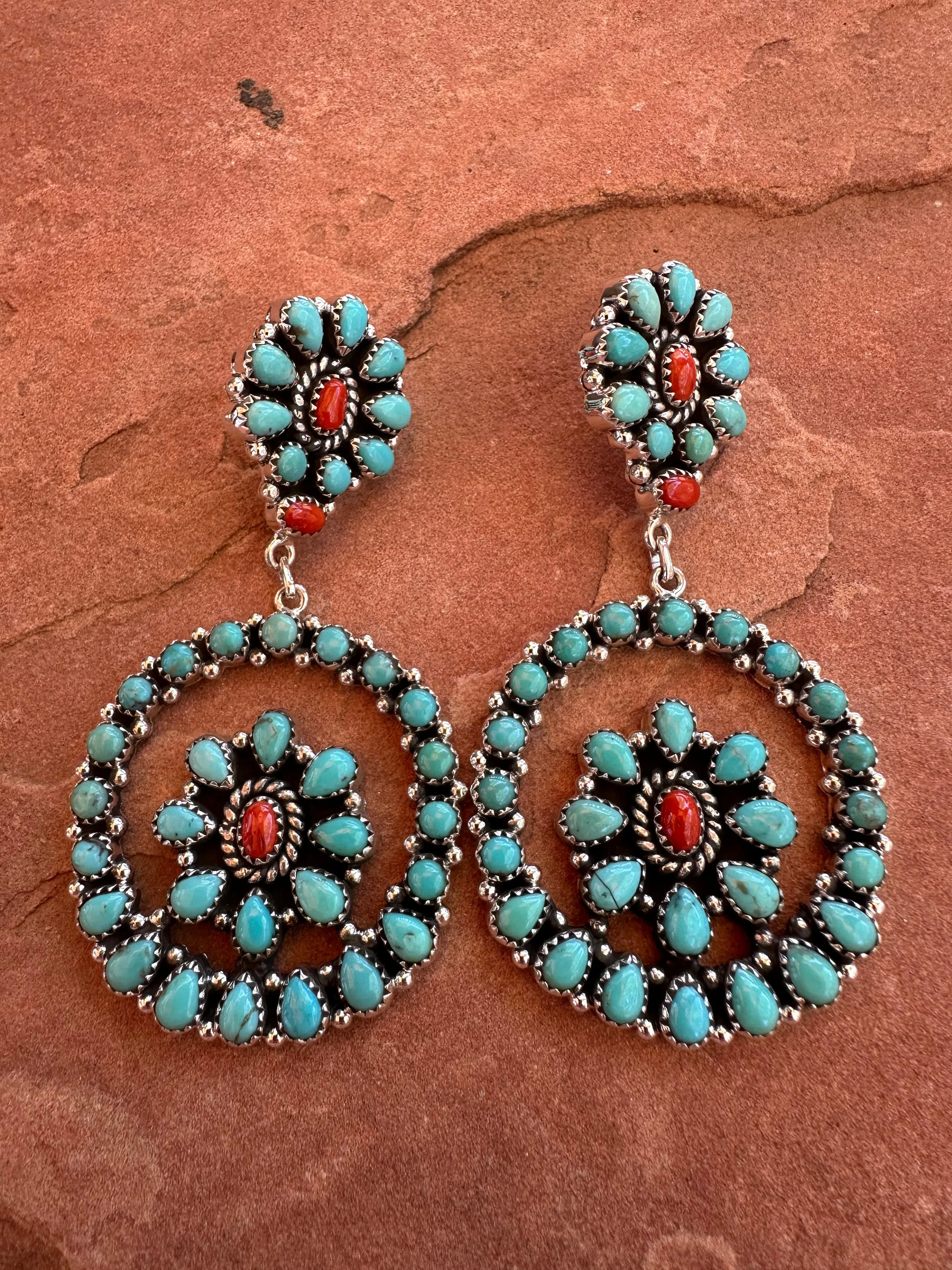 Handmade Turquoise & Coral Dangle Earrings Signed Nizhoni