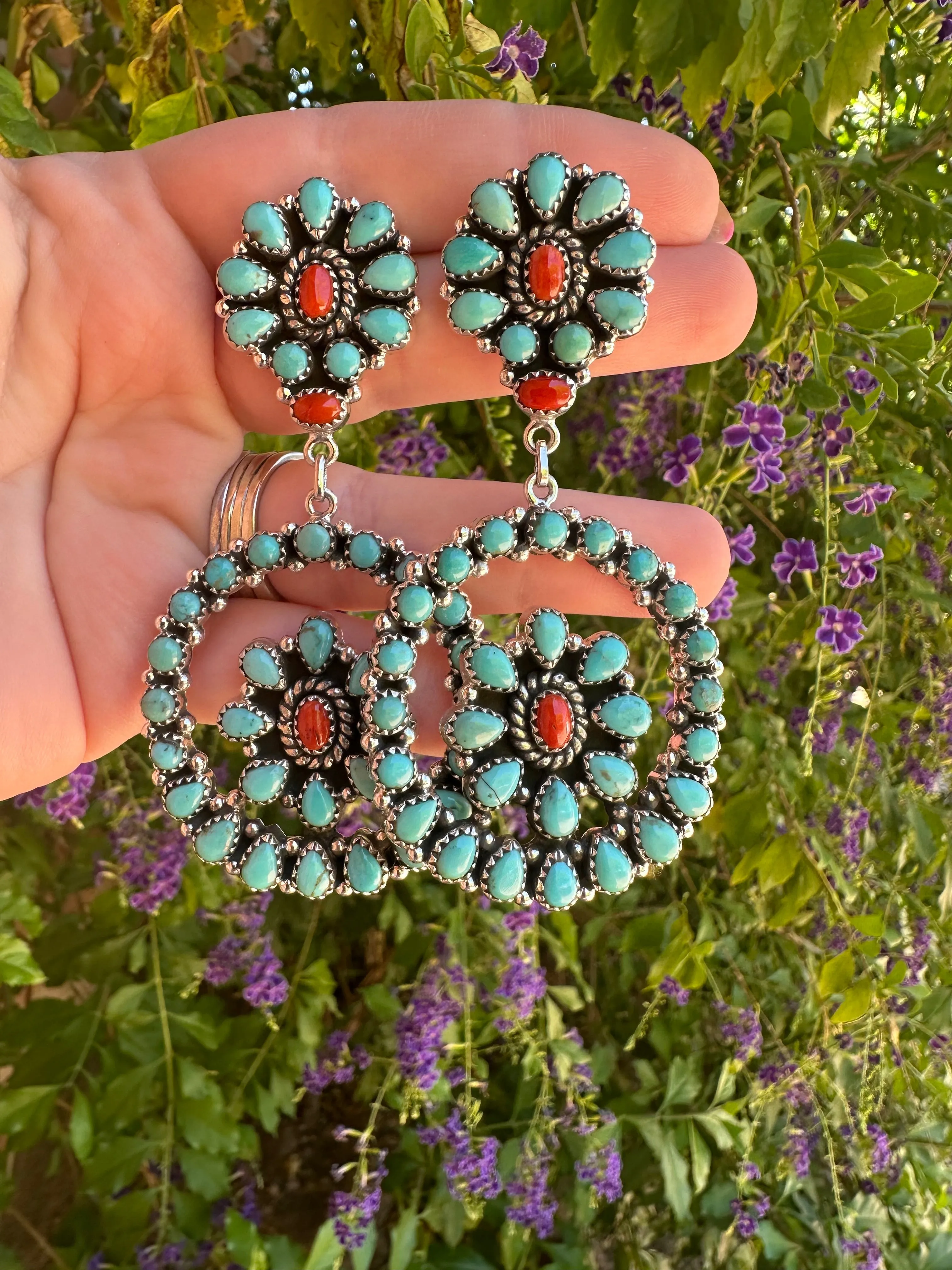 Handmade Turquoise & Coral Dangle Earrings Signed Nizhoni