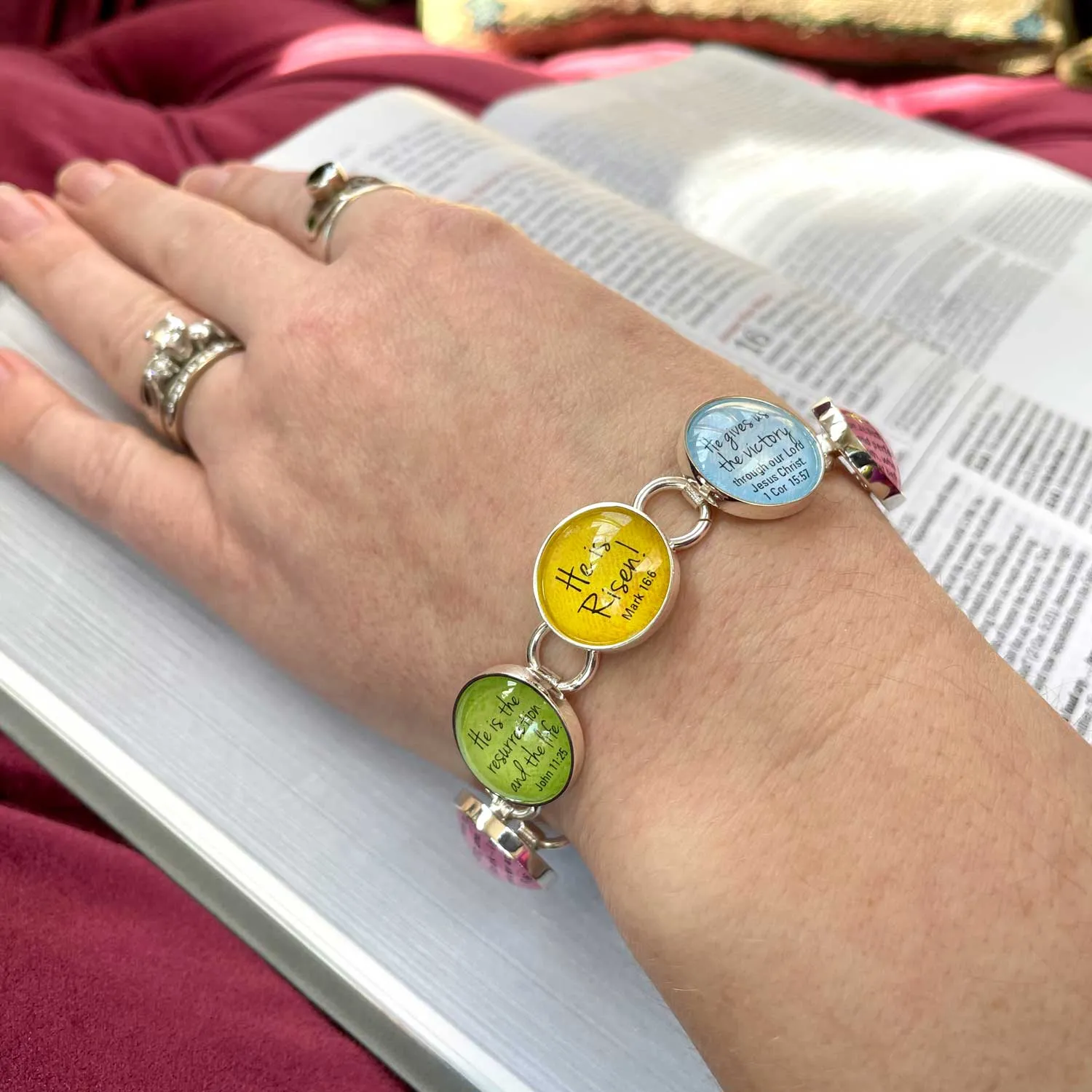 He Is Risen! Colorful Easter Silver-Plated Scripture Charm Bracelet (2 sizes)