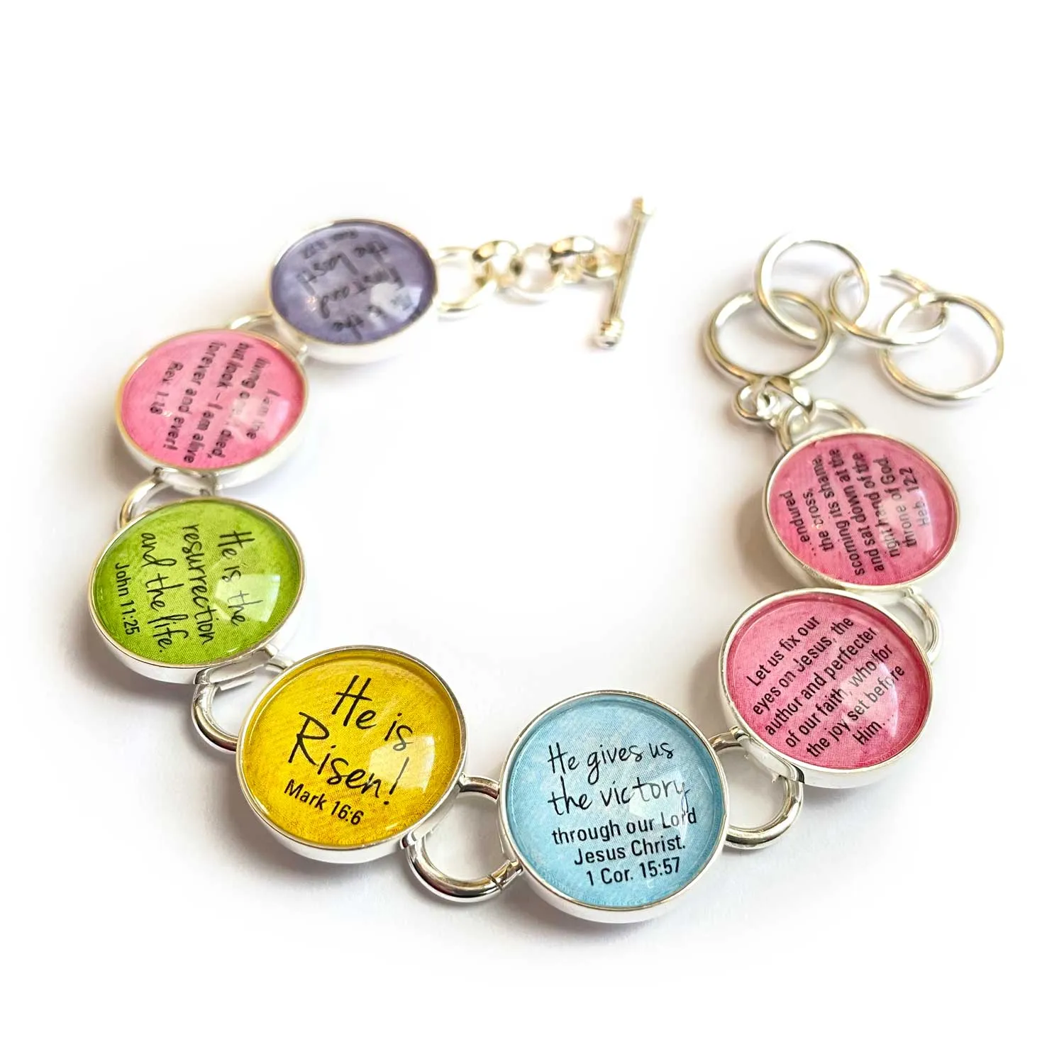 He Is Risen! Colorful Easter Silver-Plated Scripture Charm Bracelet (2 sizes)