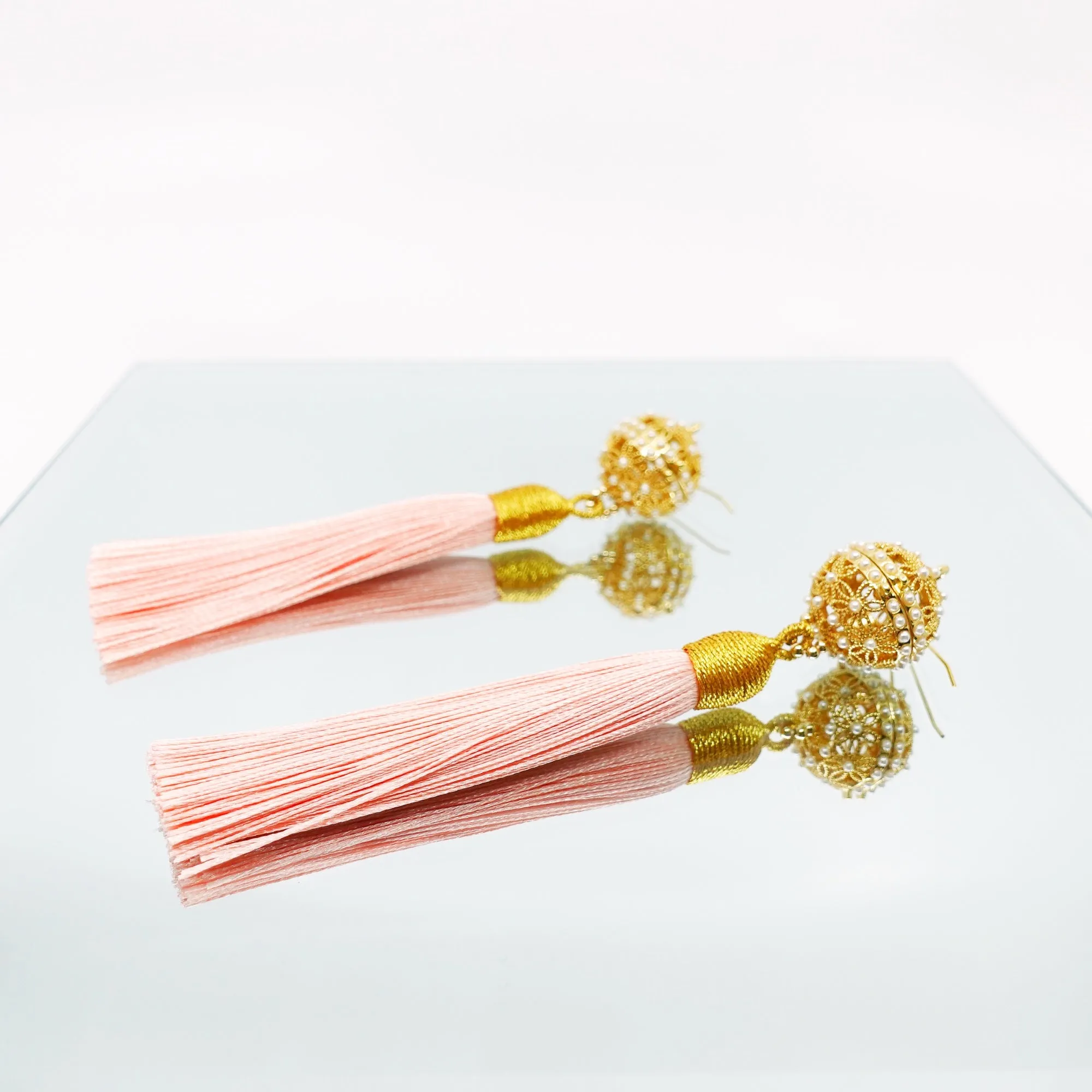 Herbal Locket Silk Tassel Earrings - Coral Pink