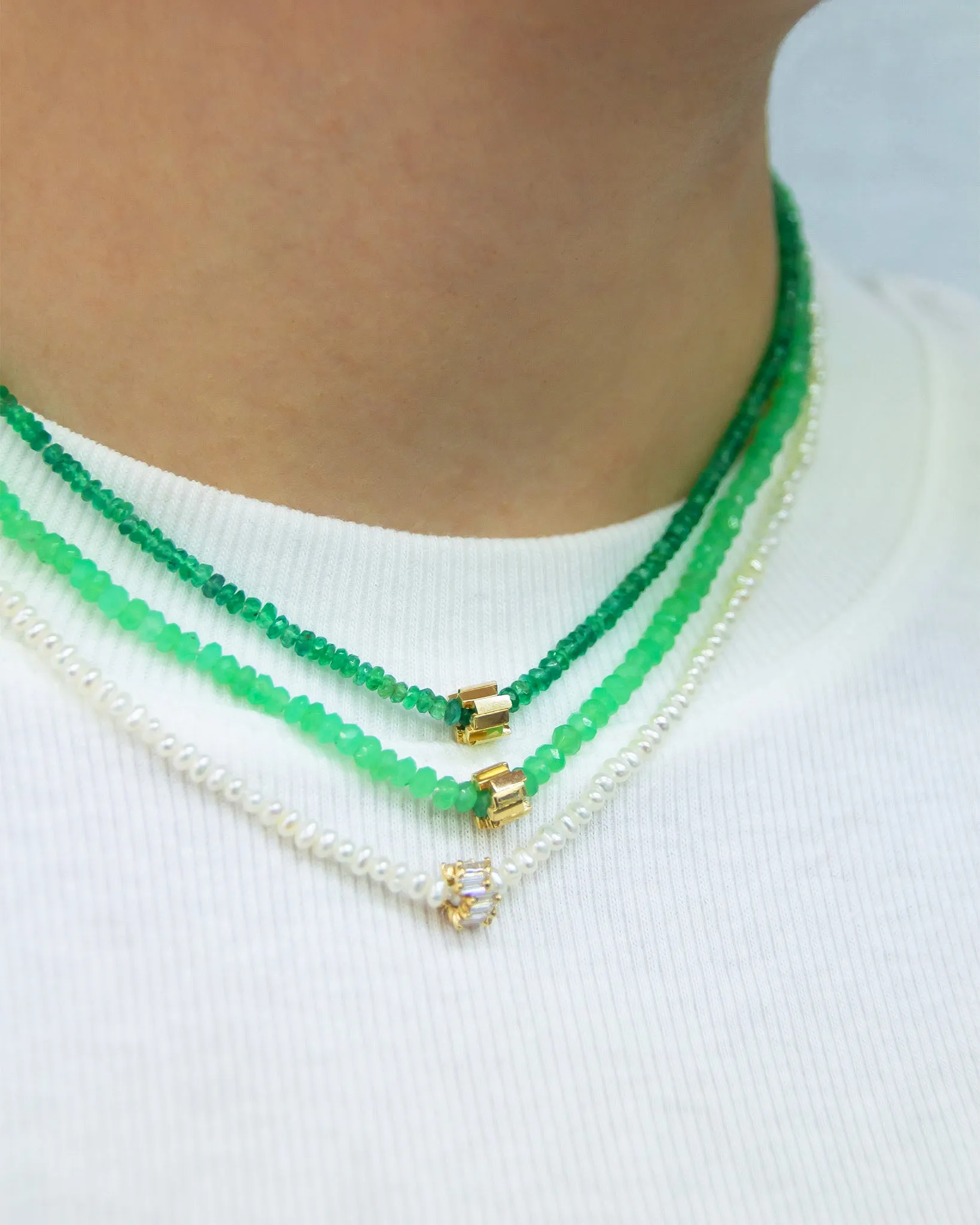 Infinite Beaded Chrysoprase & Mini Golden Rondelle Necklace